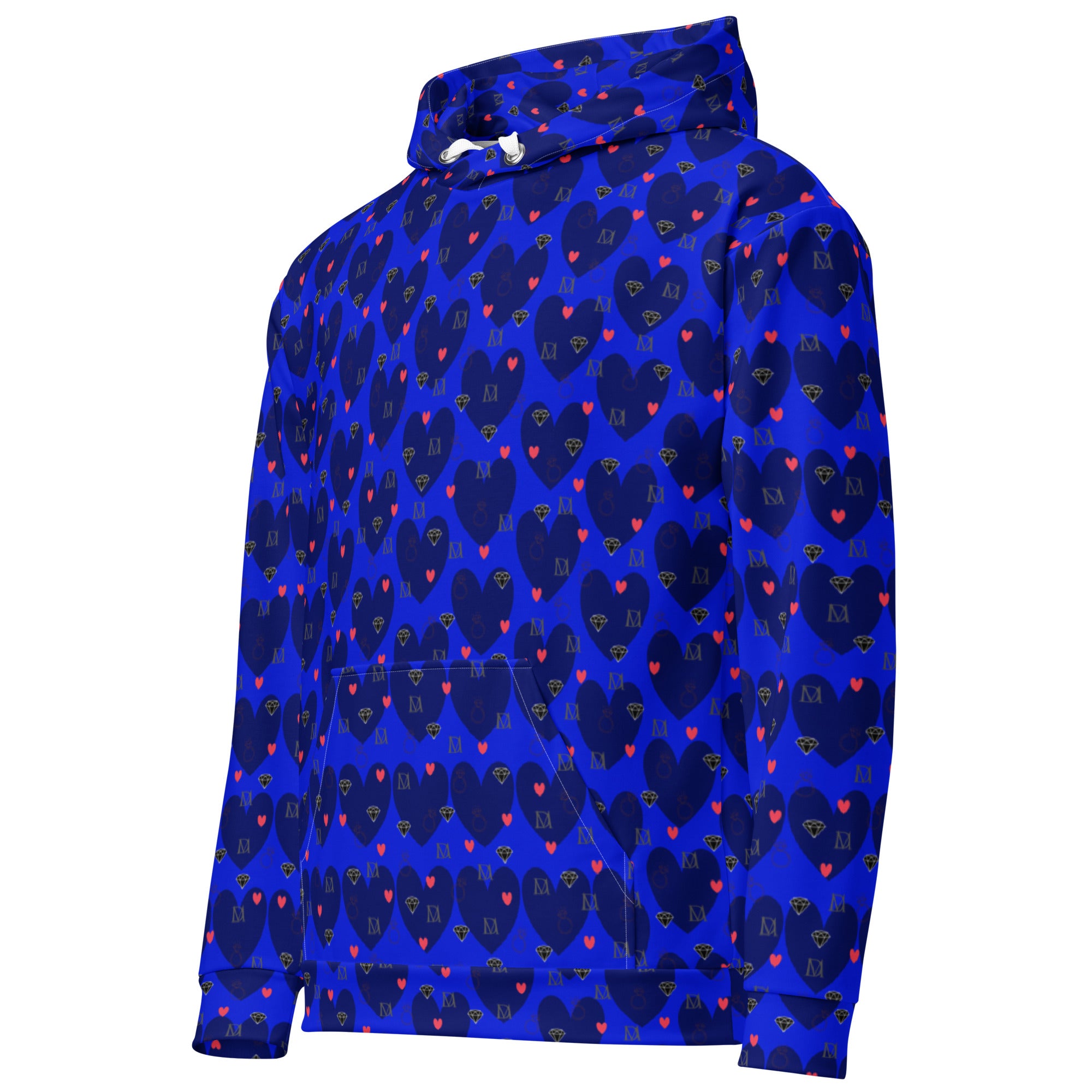 Daemon Luxury ELECTRICA Heartfelt Spree white unisex hoodie with all-over recycled print and front pocket detail.