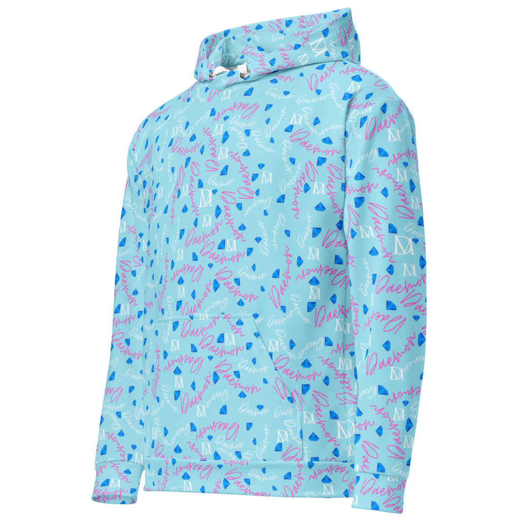 Daemon Luxury Picasso Mirrors solid lakes unisex hoodie with all-over recycled print, white color, left-front view.