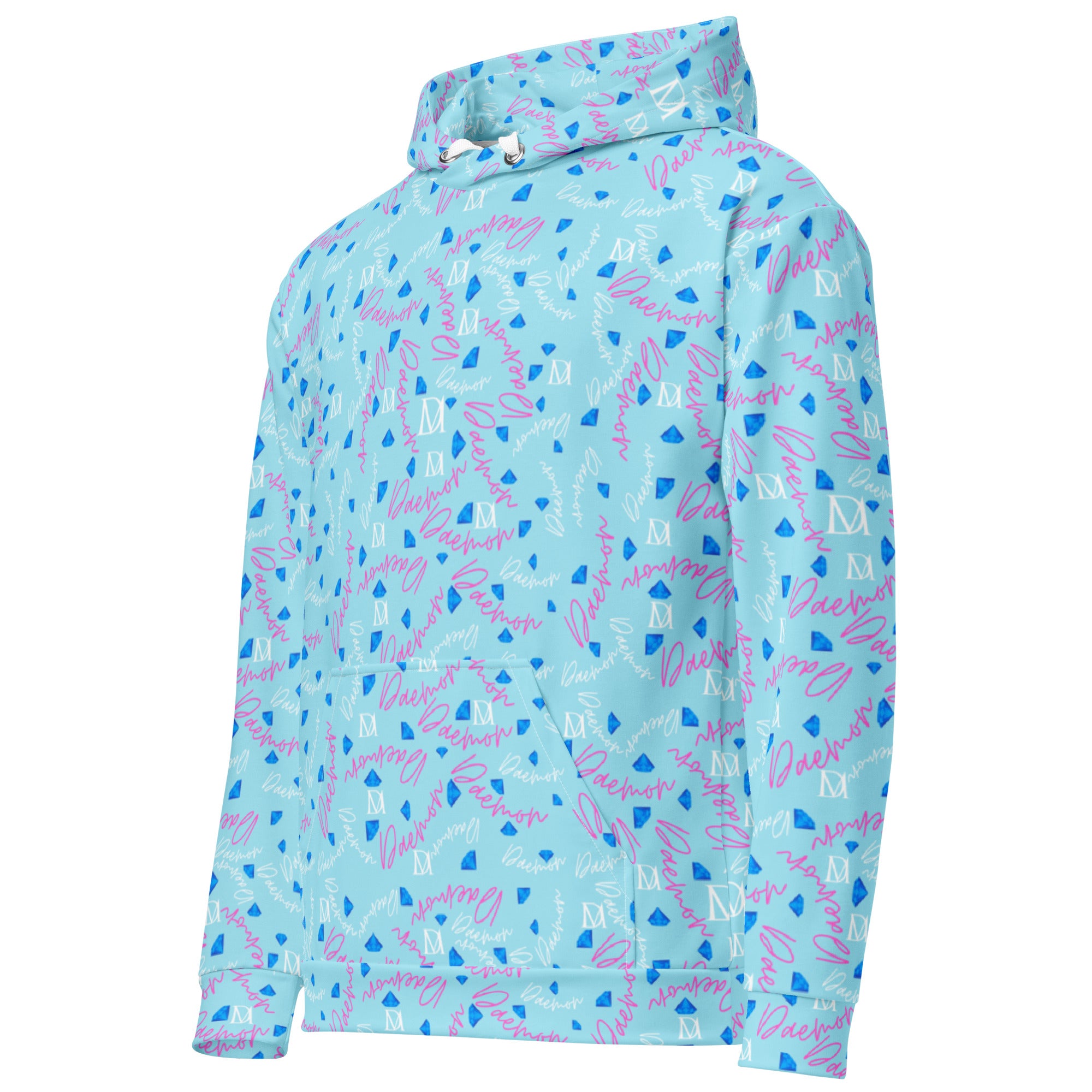 Daemon Luxury Picasso Mirrors solid lakes unisex hoodie with all-over recycled print, white color, left-front view.