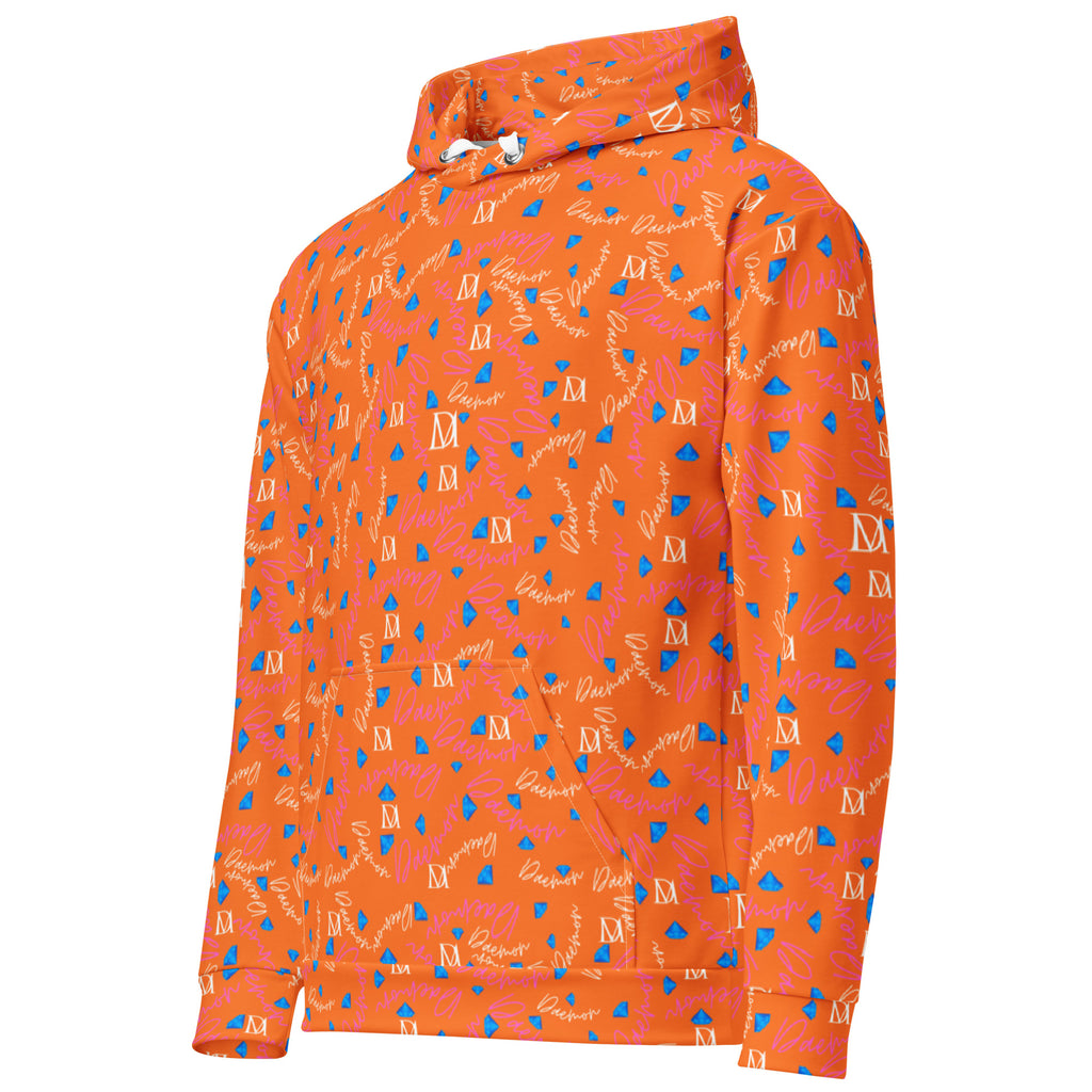 Daemon Luxury Picasso Mirros Rays Crush unisex hoodie with all-over recycled print, white background, left-front view.