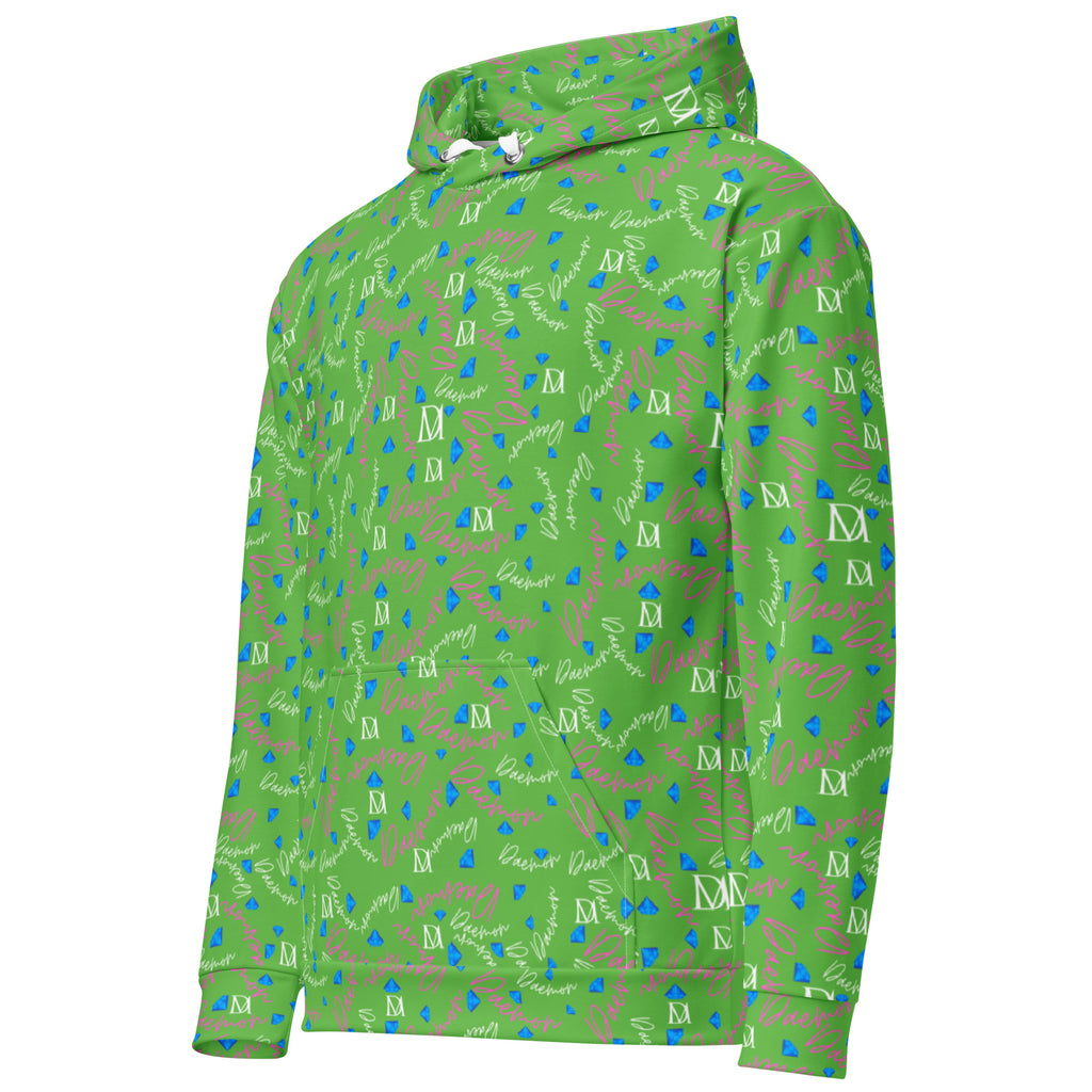 Daemon Luxury Picasso Mirros Gardena Kalifornia unisex hoodie with all-over white recycled print, front view.