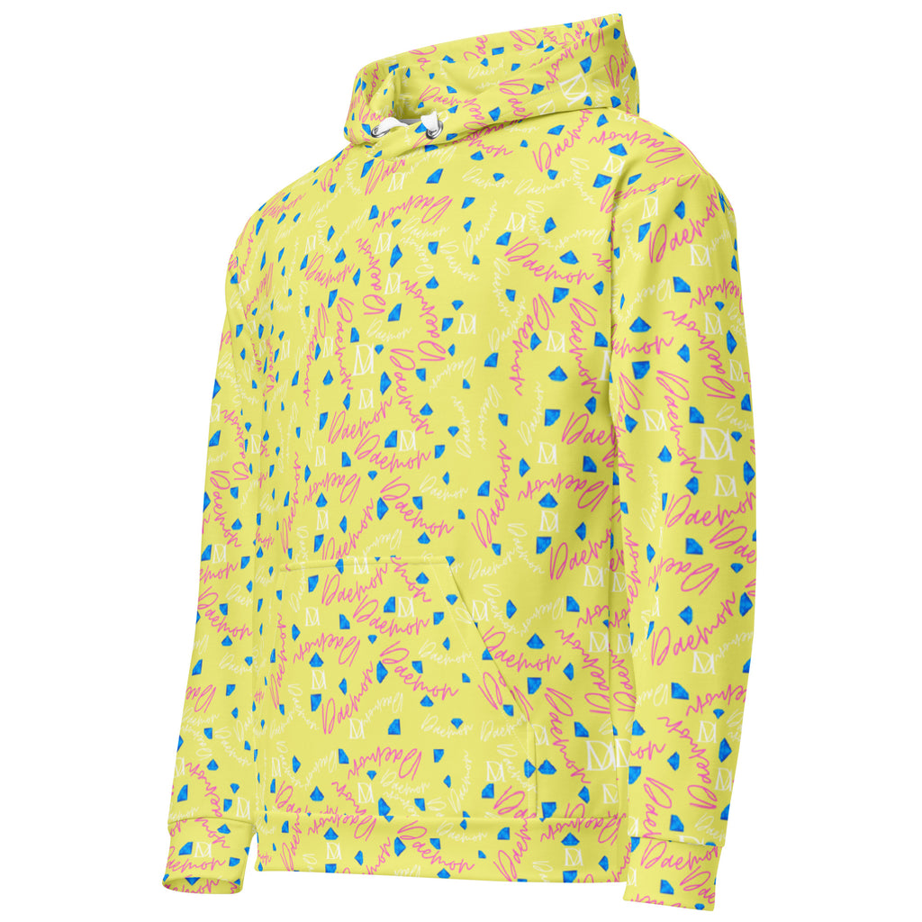 Recycled white unisex hoodie with Picasso-inspired moon and star print, featuring a front pocket and adjustable hood by Daemon Luxury.