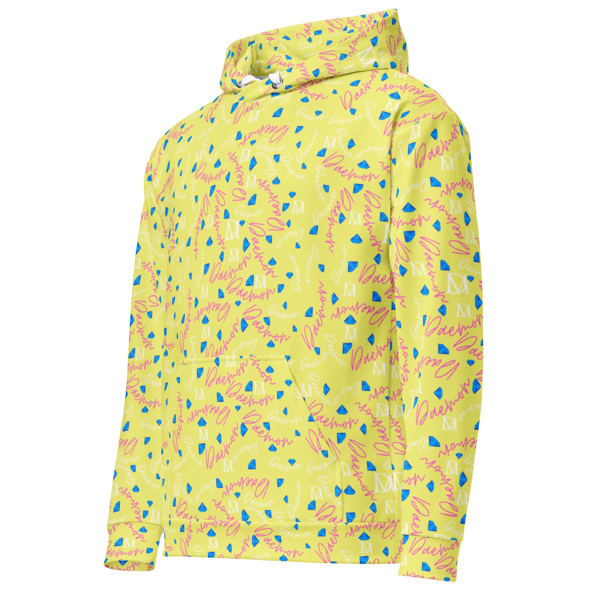 Recycled white unisex hoodie with Picasso-inspired moon and star print, featuring a front pocket and adjustable hood by Daemon Luxury.