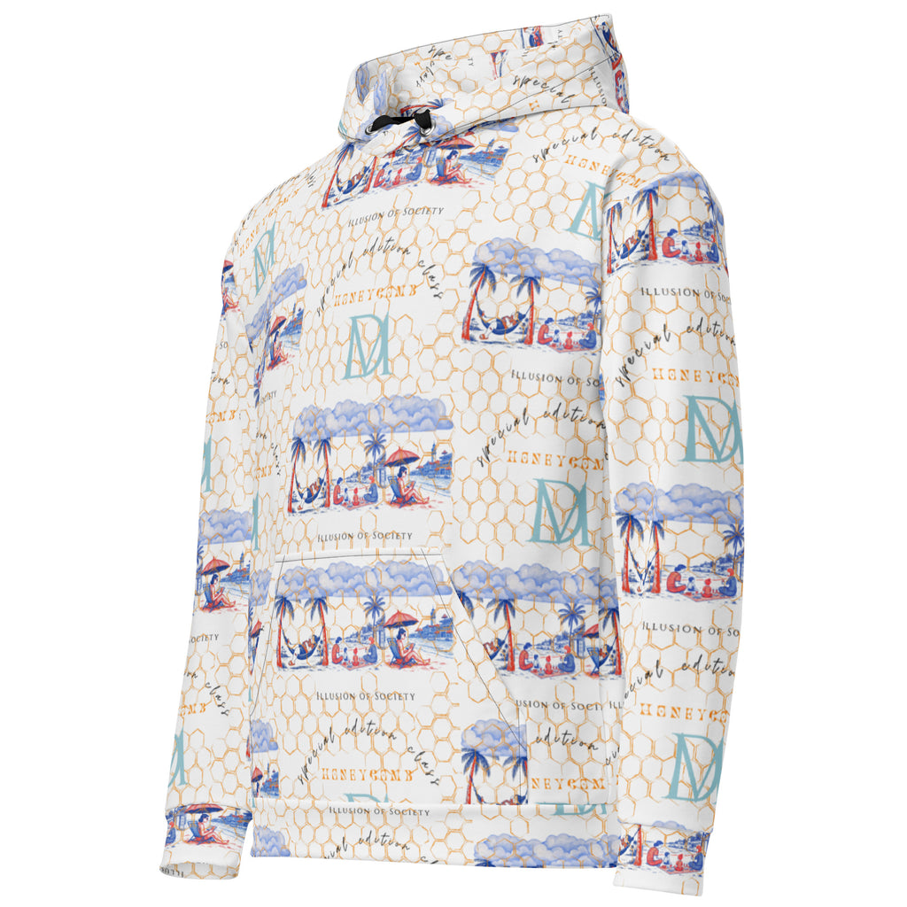 All-over-print white Honeybee Intel forecast unisex hoodie by Daemon Luxury, featuring a detailed honeybee and forecast design on the front.