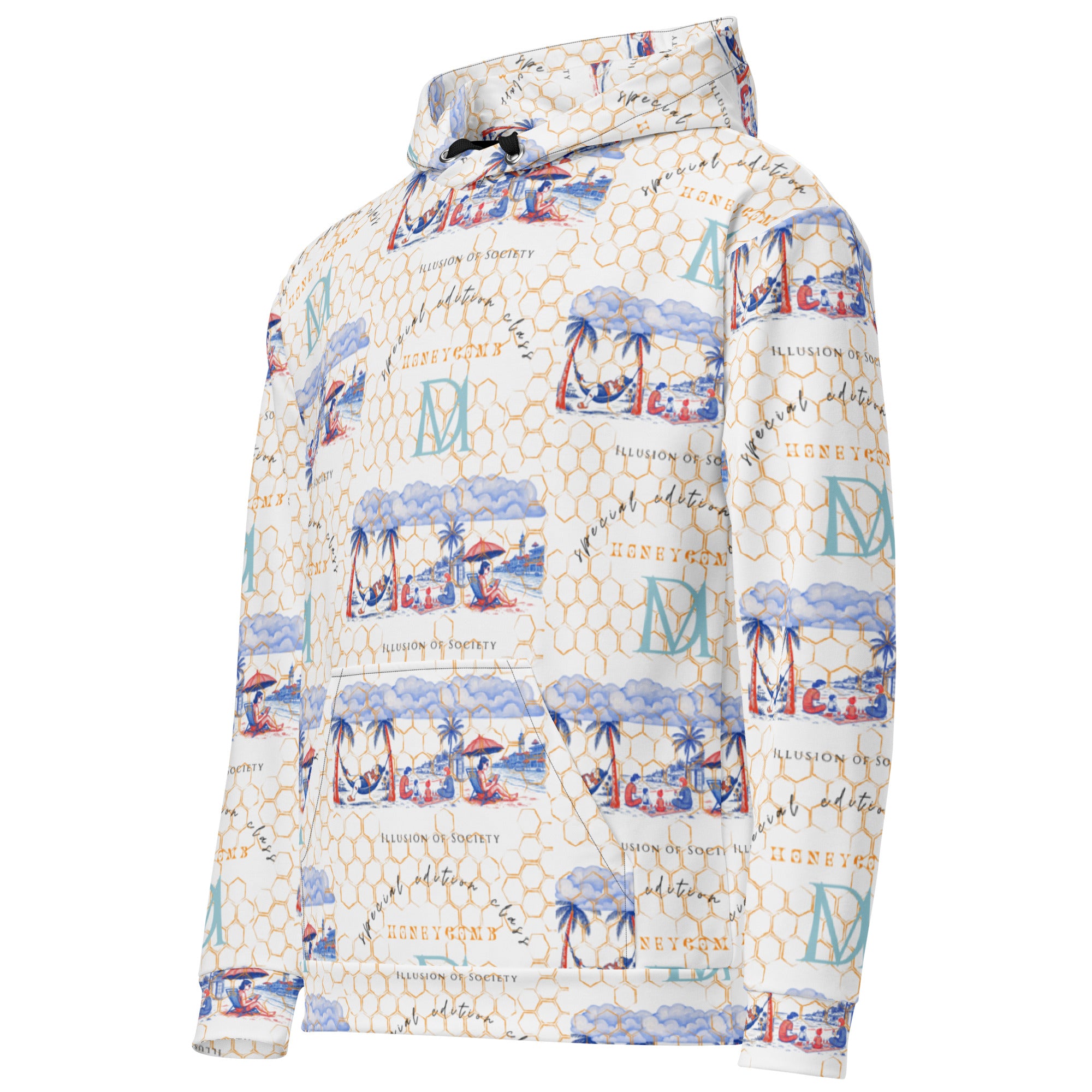 All-over-print white Honeybee Intel forecast unisex hoodie by Daemon Luxury, featuring a detailed honeybee and forecast design on the front.