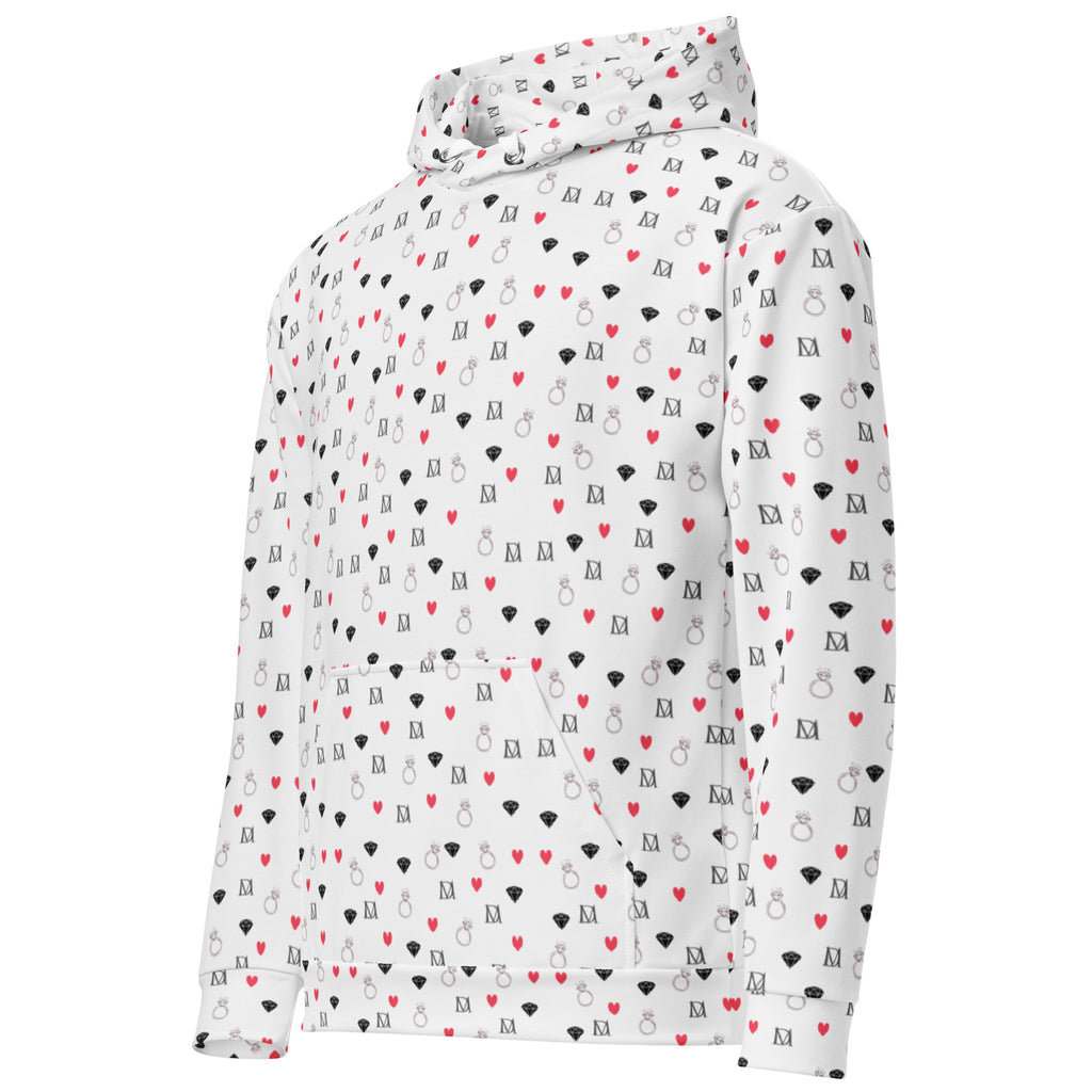 Daemon Luxury speckled diamonds subtle moon unisex recycled hoodie in white, front view showing all-over print and hood design.