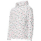 Daemon Luxury speckled diamonds subtle moon unisex recycled hoodie in white, front view showing all-over print and hood design.