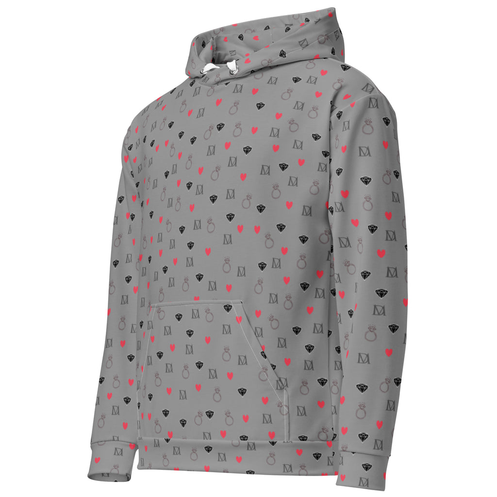 Daemon Luxury Speckled Diamonds Subtle Gloom unisex recycled hoodie with all-over white diamond print, front view.