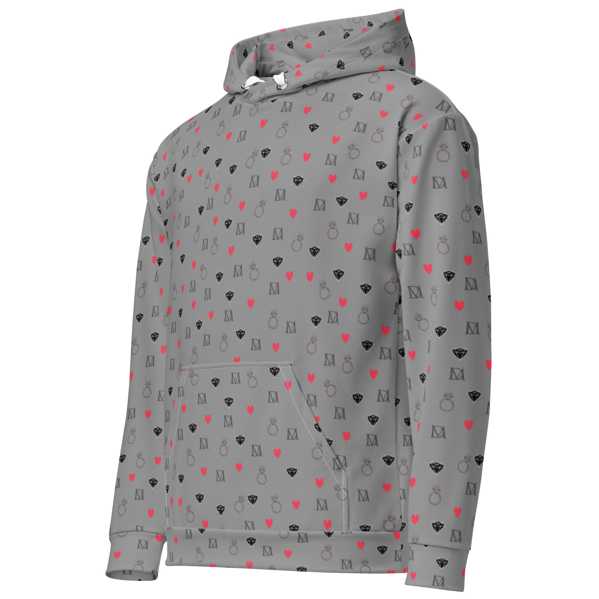 Daemon Luxury Speckled Diamonds Subtle Gloom unisex recycled hoodie with all-over white diamond print, front view.