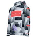Unisex white hoodie with stitched frames design by Daemon Luxury, featuring all-over recycled print on the front.