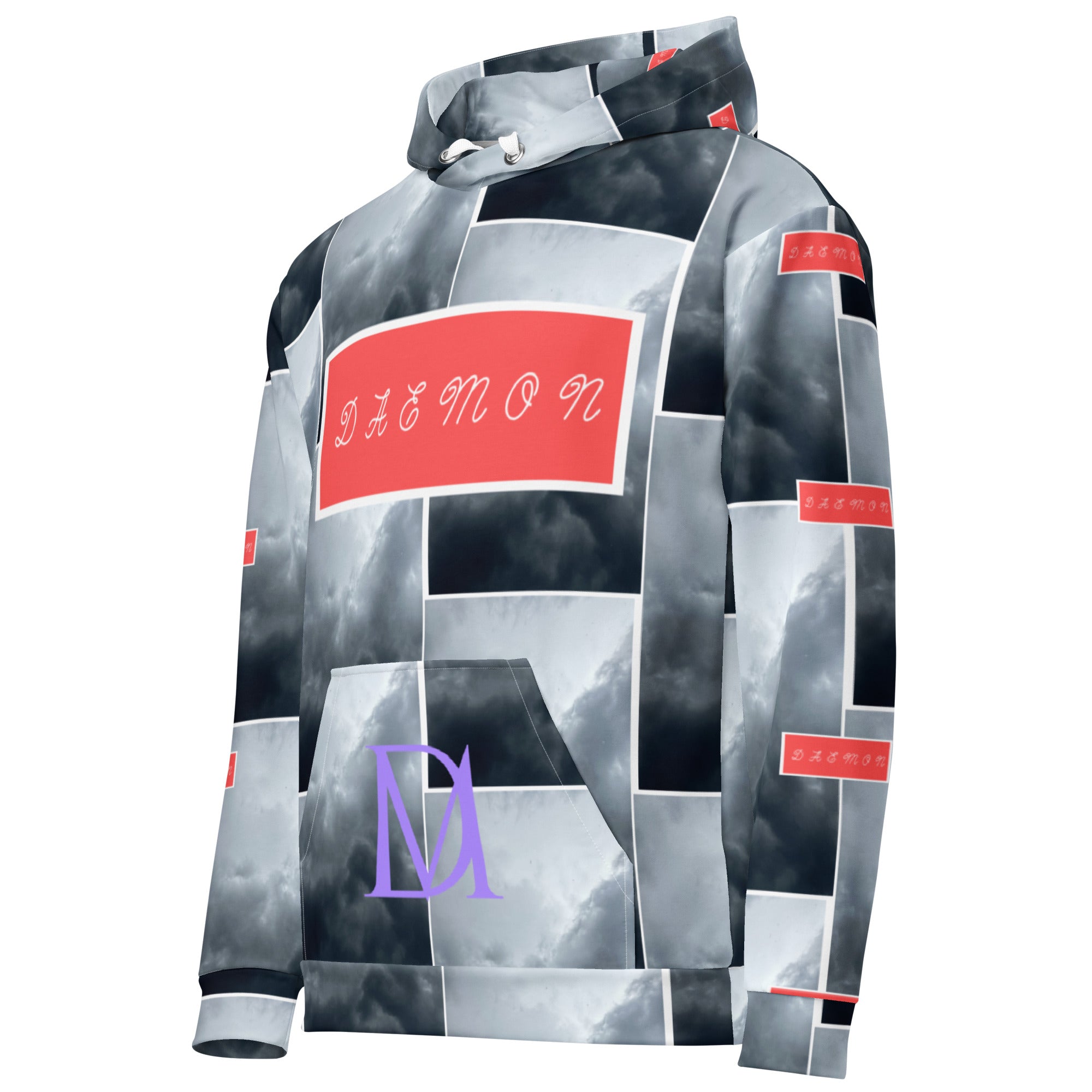 Unisex white hoodie with stitched frames design by Daemon Luxury, featuring all-over recycled print on the front.