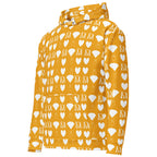 Recycled white unisex hoodie with all-over frosted diamond pattern and tarmin honeybee design by Daemon Luxury.