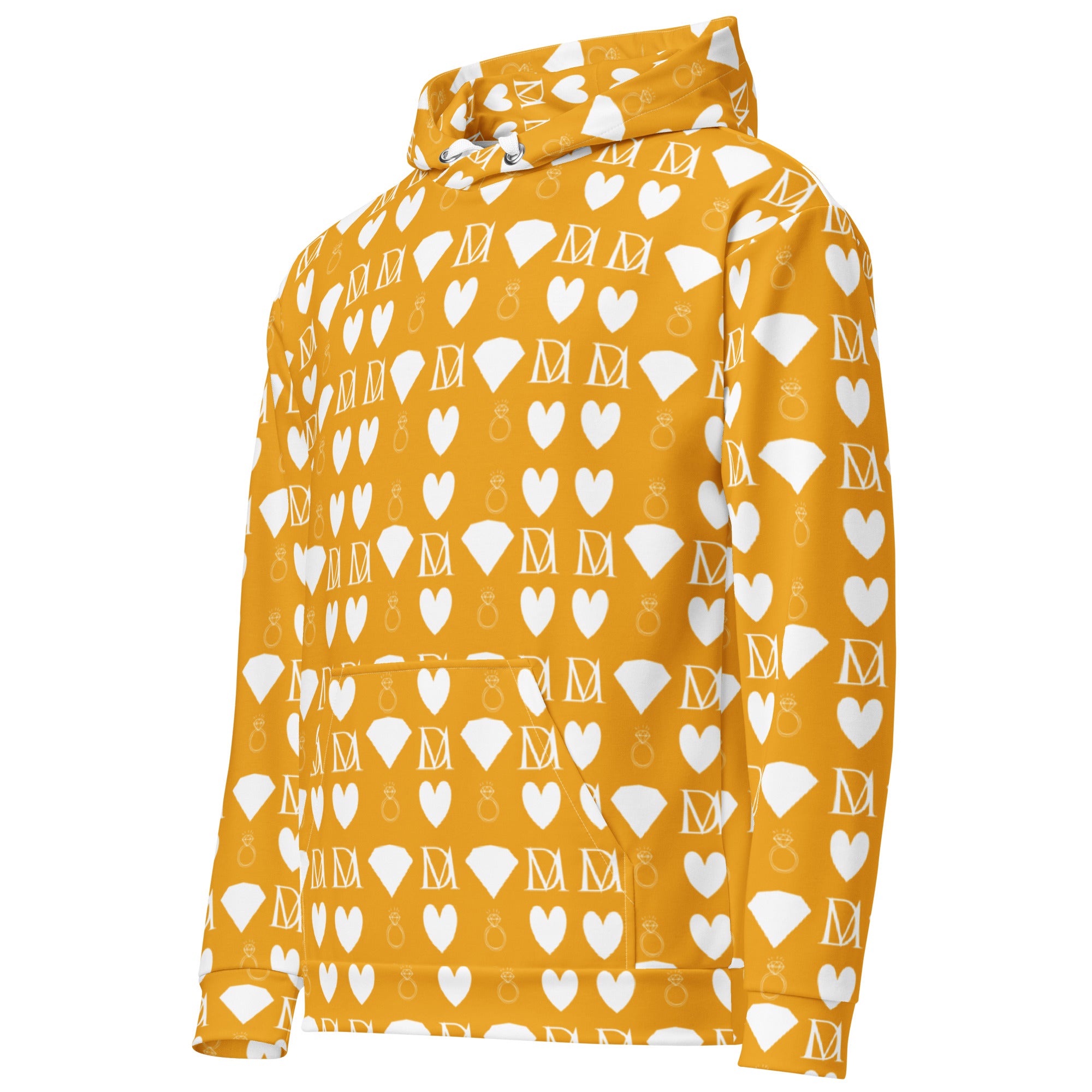 Recycled white unisex hoodie with all-over frosted diamond pattern and tarmin honeybee design by Daemon Luxury.