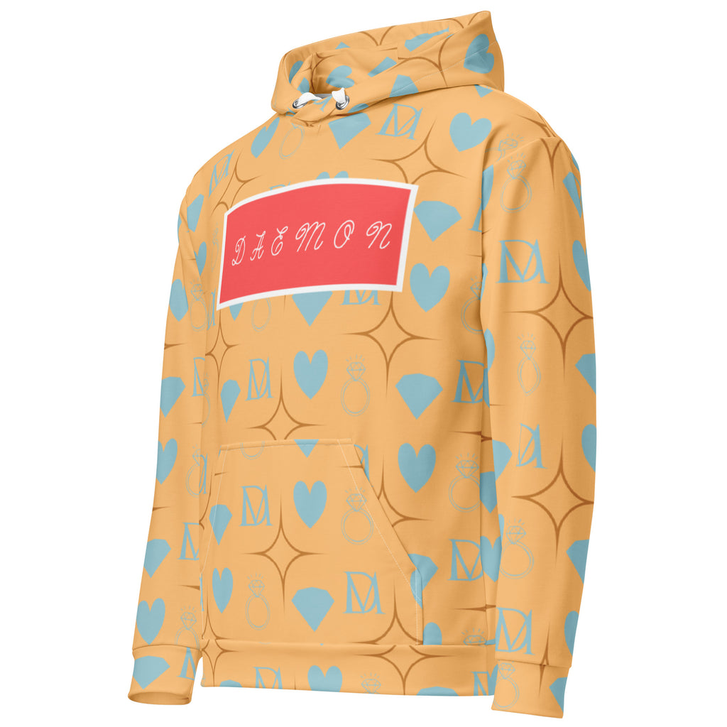 Daemon Luxury Honeyberry Lights unisex white hoodie with all-over honeyberry print and hood, made from recycled materials.