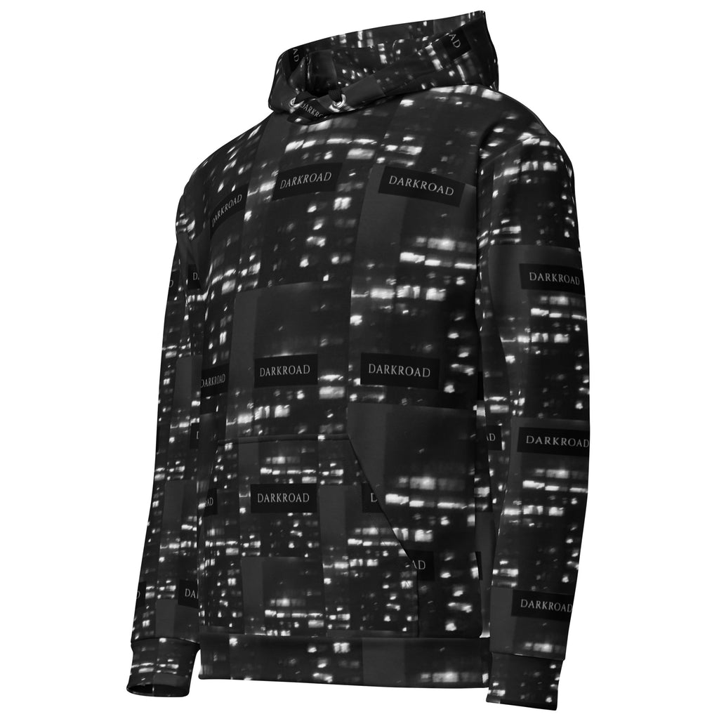 Unisex white recycled hoodie with all-over luxury night-themed print and Daemon Luxury branding on the front.