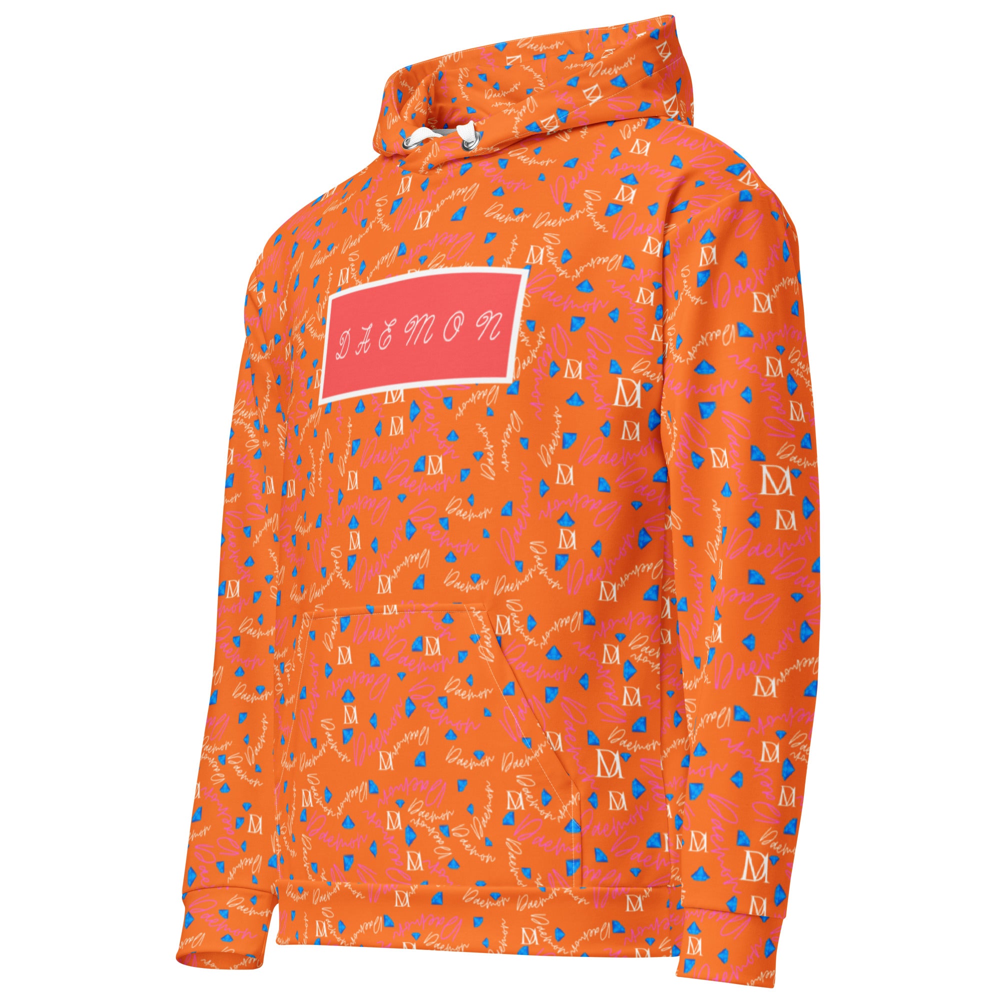 All-over print white recycled unisex hoodie featuring Serpentine Nicaragua design by Daemon Luxury, with front view.