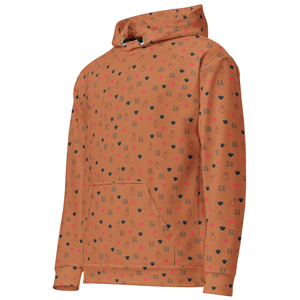 Recycled white unisex hoodie with speckled diamond pattern and hood, featuring all-over print by Daemon Luxury.