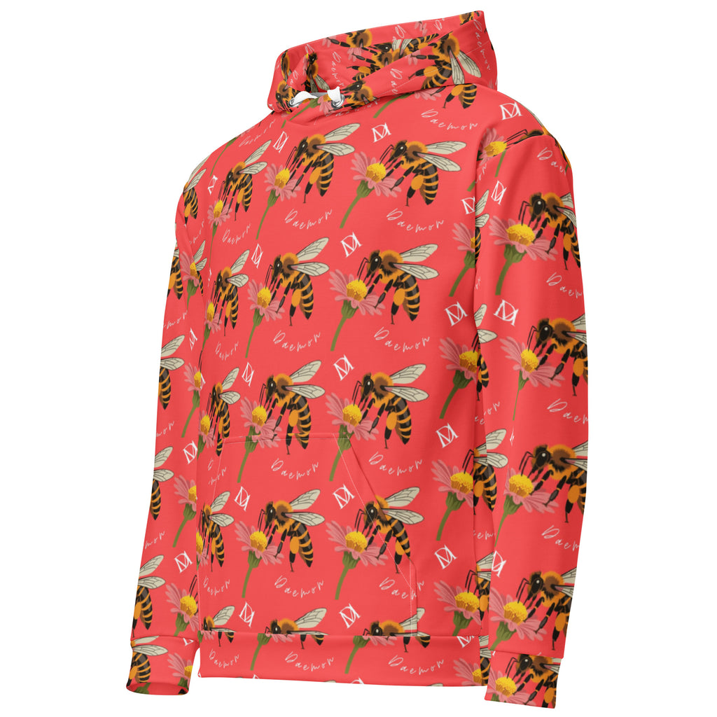 Recycled white unisex hoodie with all-over Honeybee Shores (Tarmin’s Heart) print by Daemon Luxury, front view.
