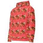 Recycled white unisex hoodie with all-over Honeybee Shores (Tarmin’s Heart) print by Daemon Luxury, front view.