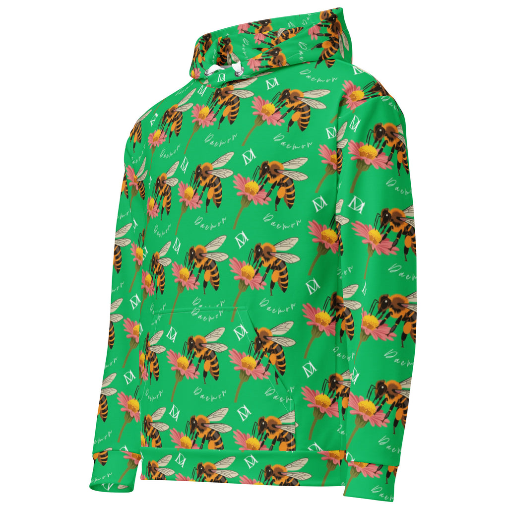 Recycled white unisex hoodie featuring Honeybee Shores Lucky Charm all-over print by Daemon Luxury, with front pocket and drawstring hood.