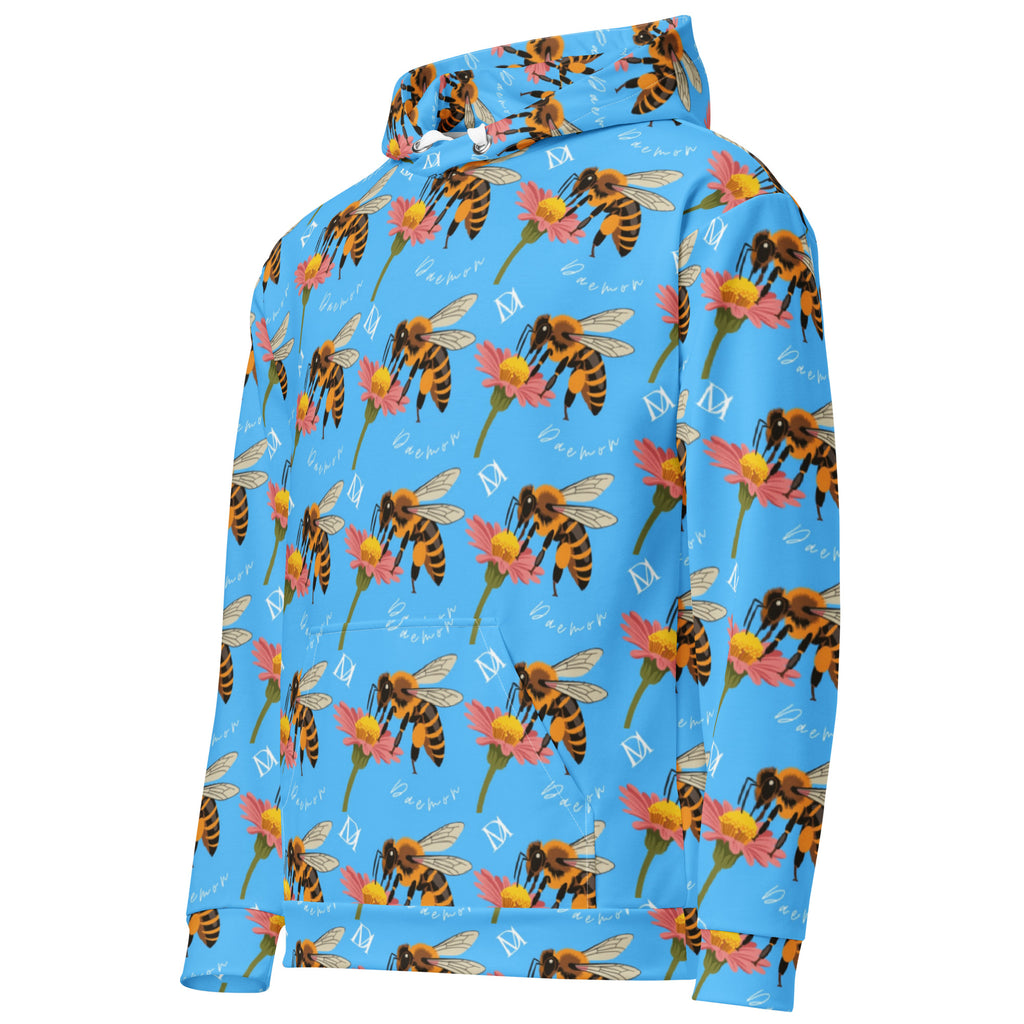 All-over-print white recycled cotton unisex hoodie featuring Honeybee Shores Pacifica Fever design by Daemon Luxury, left front view