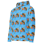All-over-print white recycled cotton unisex hoodie featuring Honeybee Shores Pacifica Fever design by Daemon Luxury, left front view