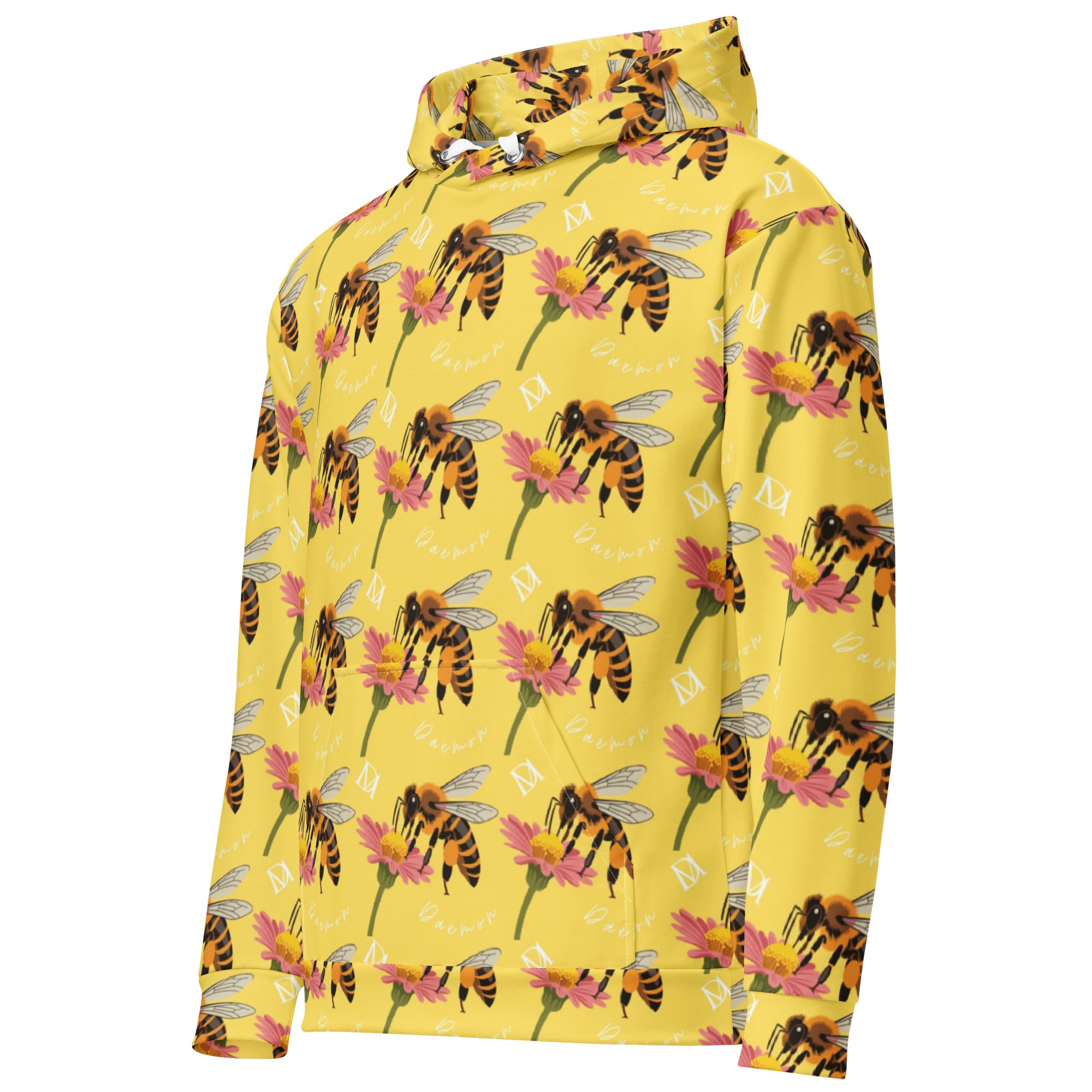 Recycled white unisex hoodie with Honeybee Shores Solo Star print by Daemon Luxury, featuring front left design and cozy hood.