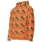 Unisex white hoodie with all-over honeybee shores golden hour print by Daemon Luxury, featuring a front pocket and hood.