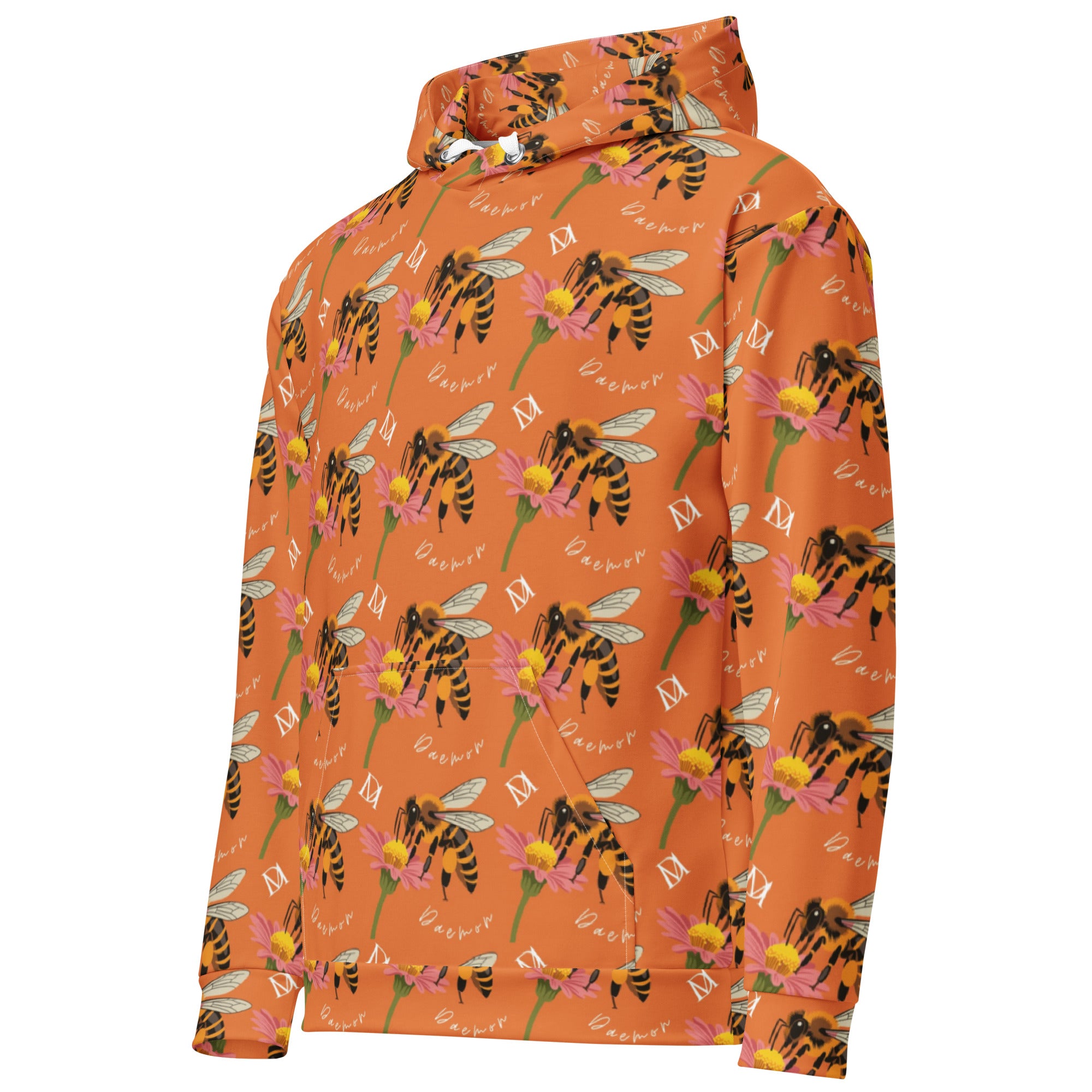 Unisex white hoodie with all-over honeybee shores golden hour print by Daemon Luxury, featuring a front pocket and hood.