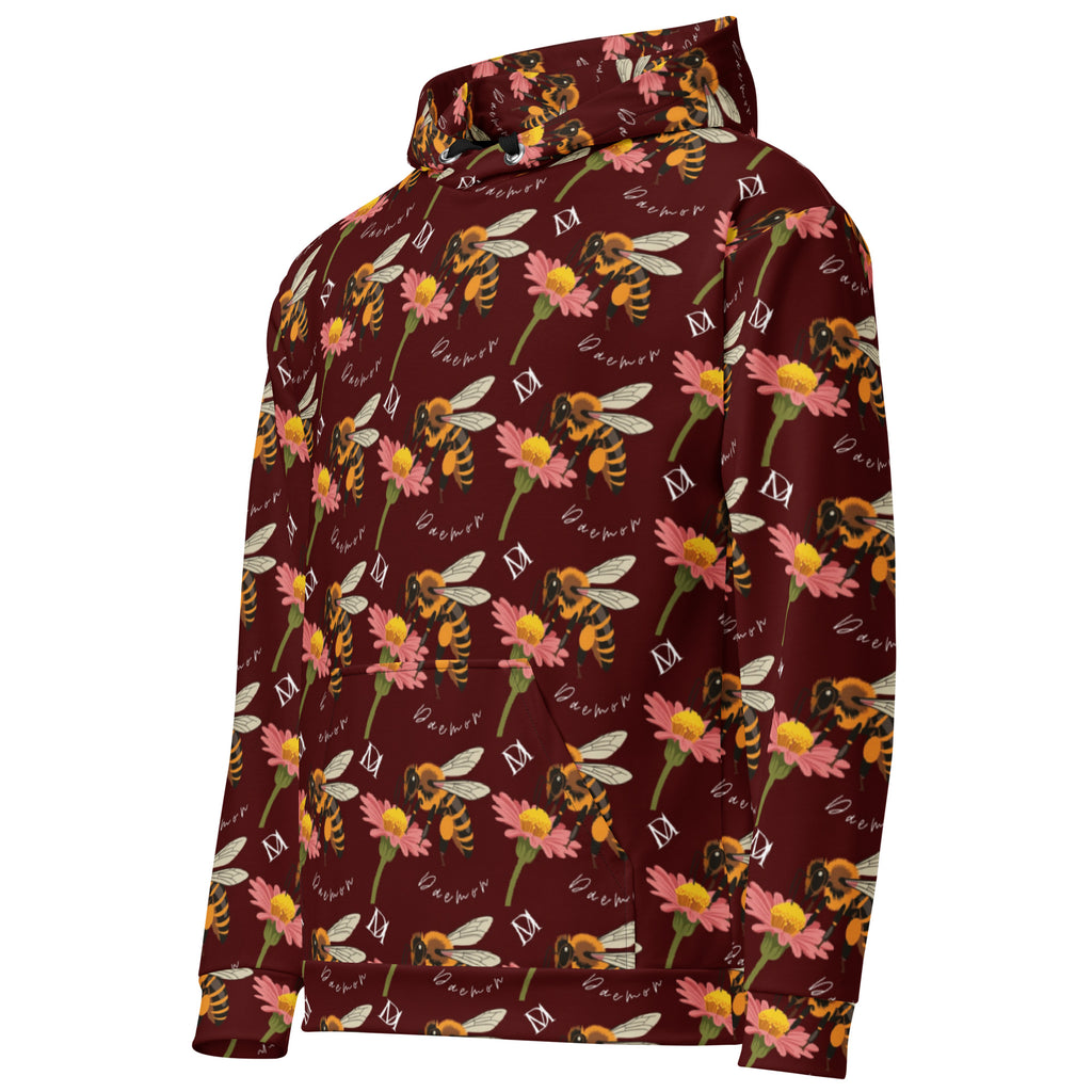Daemon Luxury Honeybee Shores Gardena Dawn unisex hoodie with all-over print on recycled white fabric, front view.