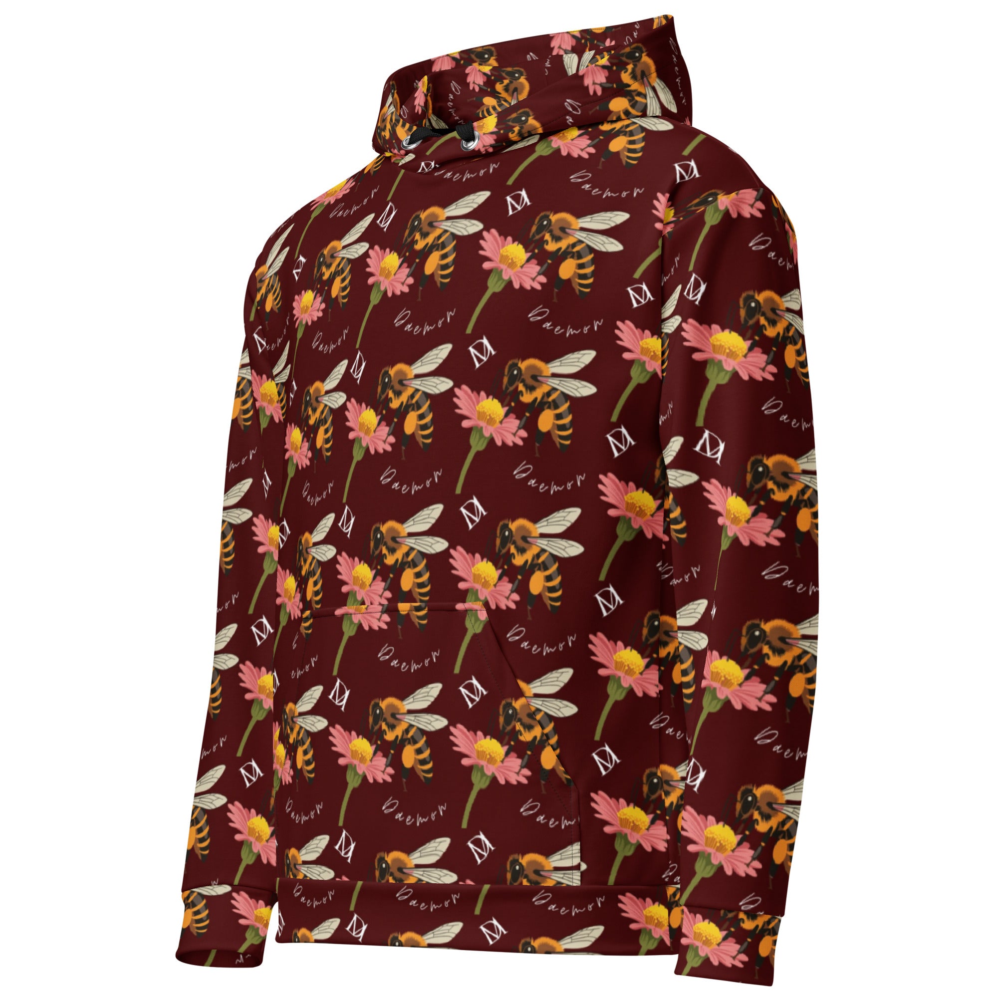 Daemon Luxury Honeybee Shores Gardena Dawn unisex hoodie with all-over print on recycled white fabric, front view.