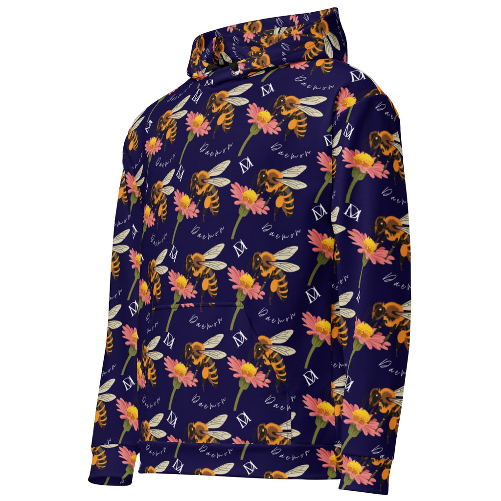 Daemon Luxury Honeybee Shores Gardena Oceanic unisex hoodie with all-over ocean-themed print, white recycled fabric, left front view