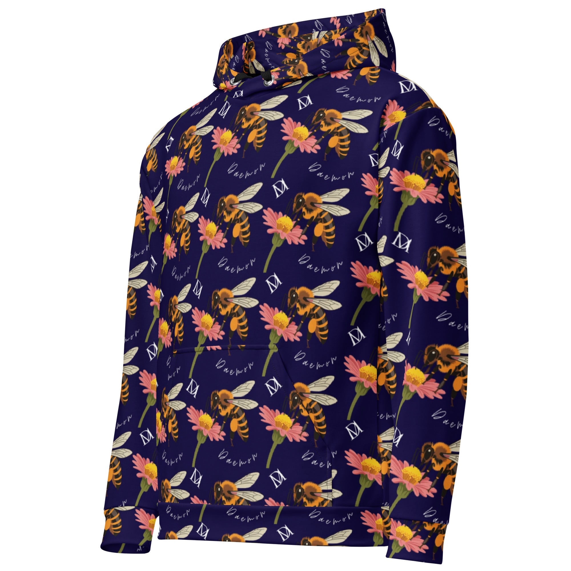 Daemon Luxury Honeybee Shores Gardena Oceanic unisex hoodie with all-over ocean-themed print, white recycled fabric, left front view