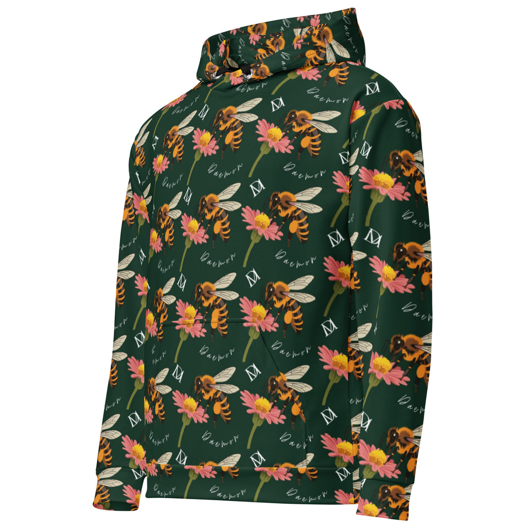 Daemon Luxury Honeybee Shores Gardena Dim unisex hoodie with all-over white recycled print, front view showing design details.