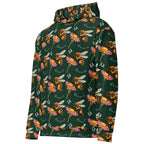 Daemon Luxury Honeybee Shores Gardena Dim unisex hoodie with all-over white recycled print, front view showing design details.