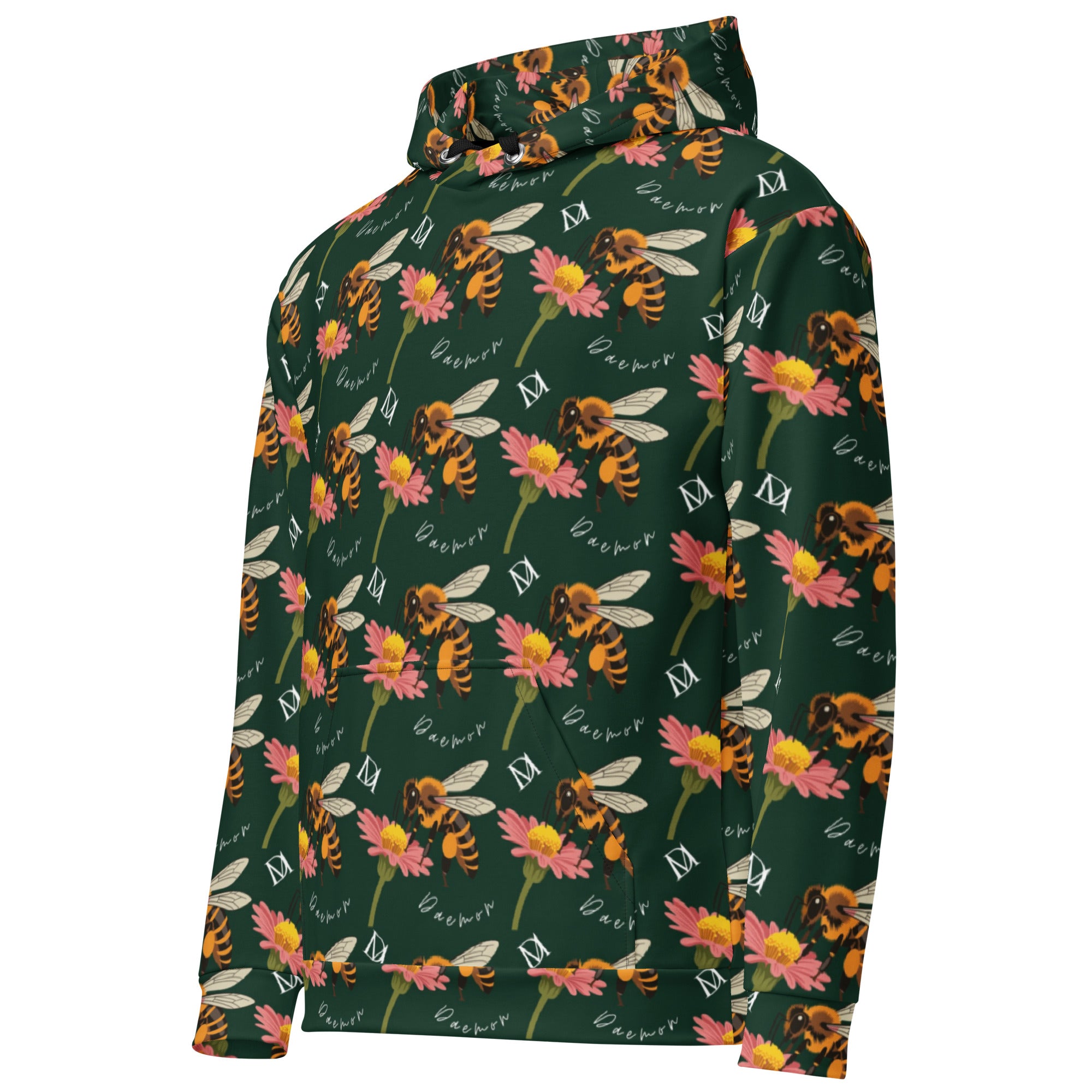 Daemon Luxury Honeybee Shores Gardena Dim unisex hoodie with all-over white recycled print, front view showing design details.