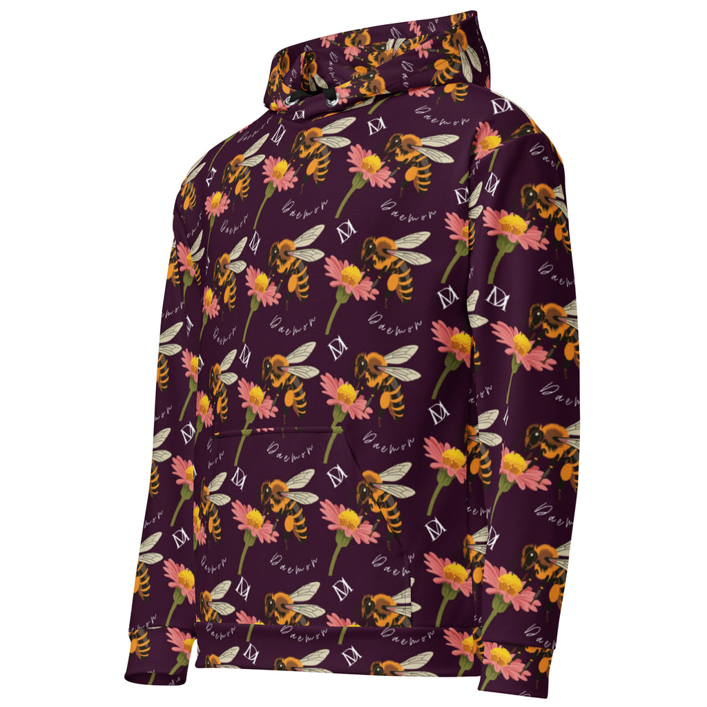 Daemon Luxury Honeybee Shores Gardena Dusk unisex hoodie with all-over white recycled print, front view.