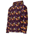 Daemon Luxury Honeybee Shores Gardena Dusk unisex hoodie with all-over white recycled print, front view.