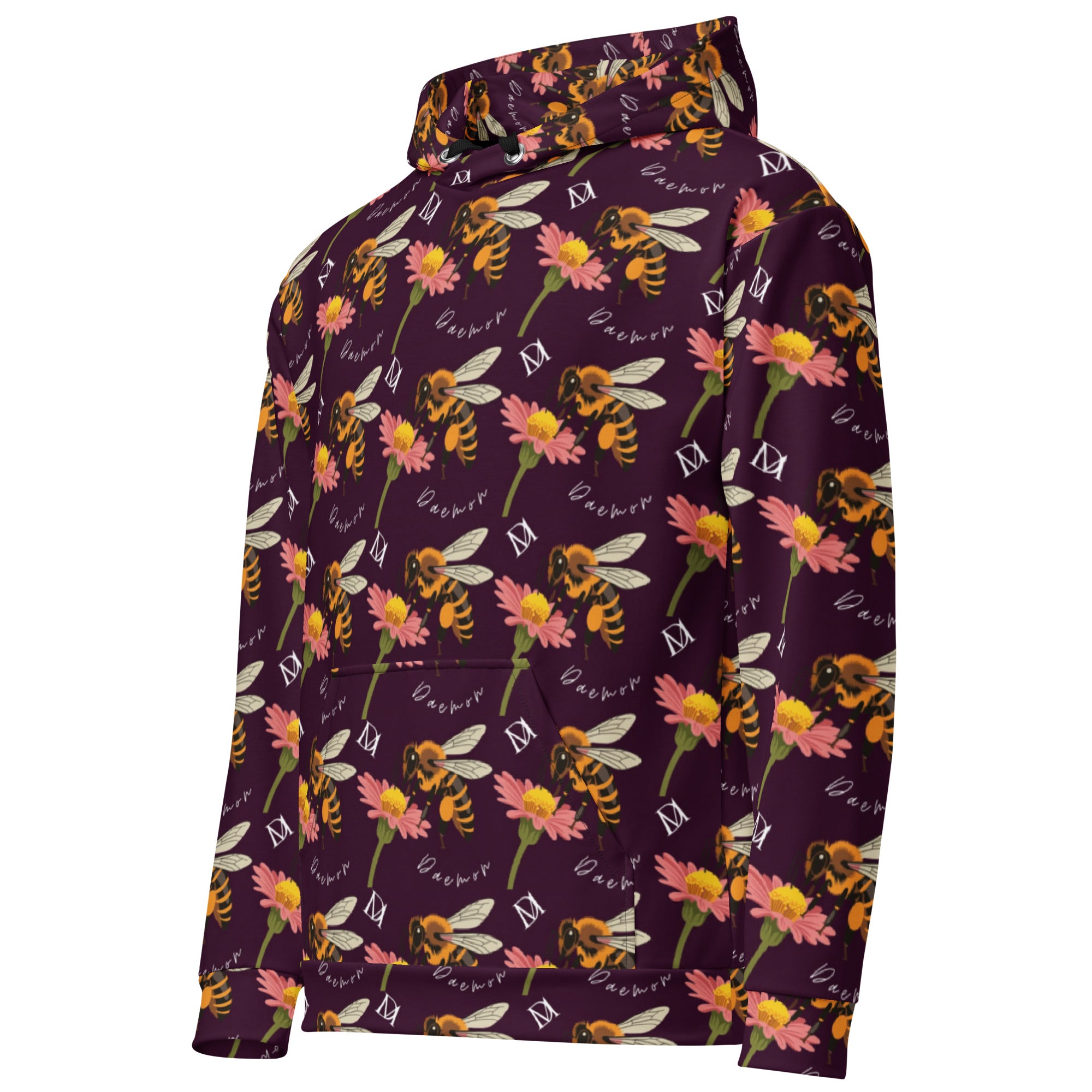 Daemon Luxury Honeybee Shores Gardena Dusk unisex hoodie with all-over white recycled print, front view.
