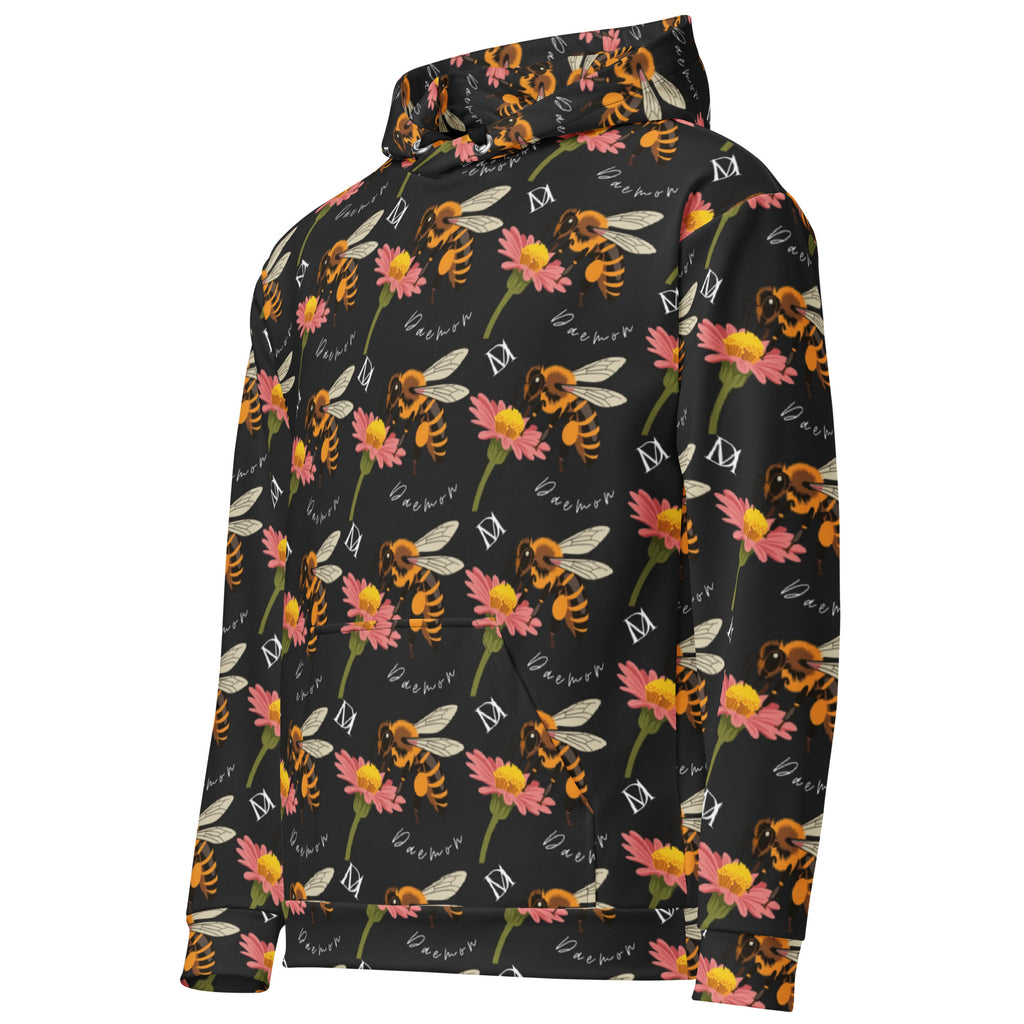 Daemon Luxury Honeybee Shores Gardena Nero unisex hoodie with all-over-print recycled fabric, white color, left-front view