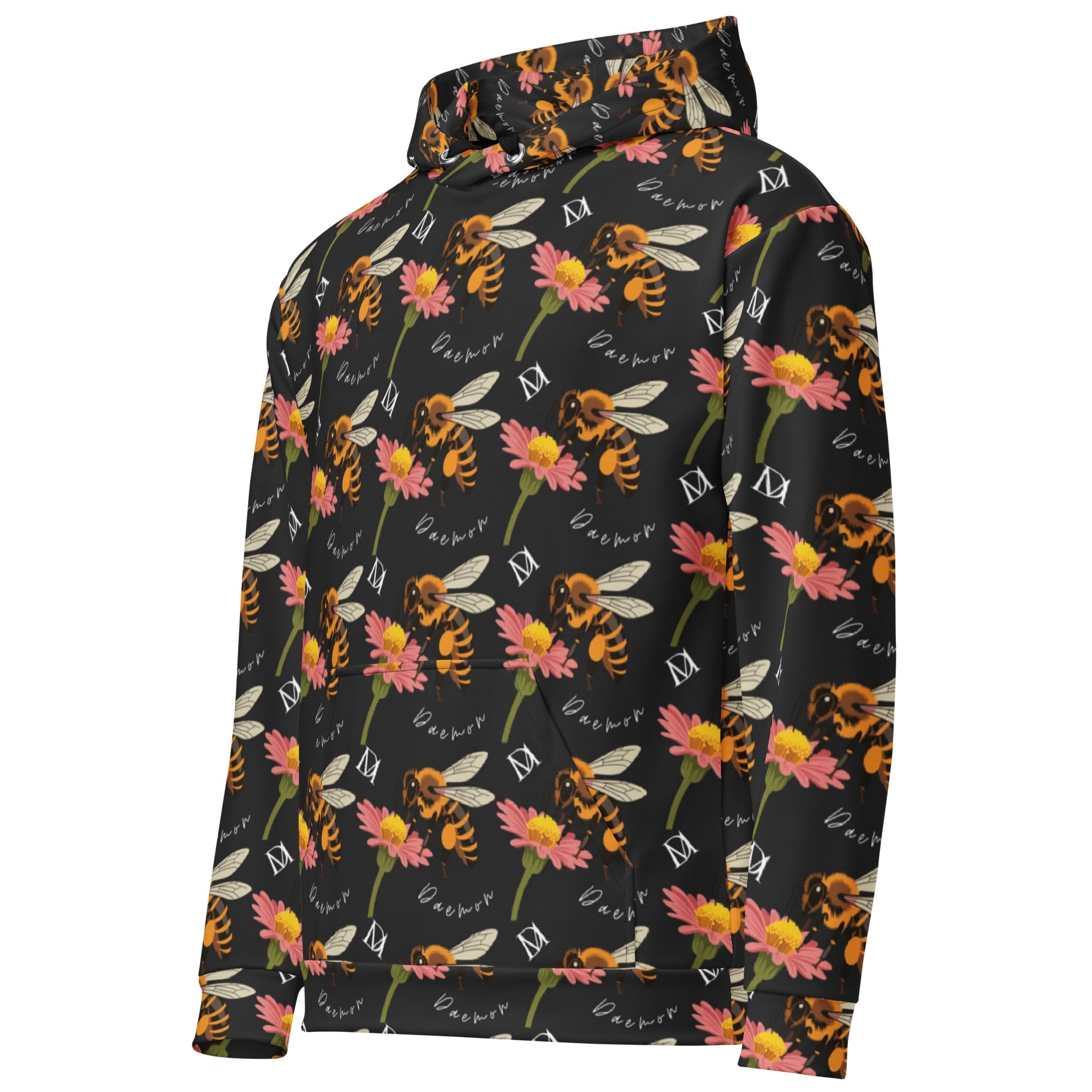Daemon Luxury Honeybee Shores Gardena Nero unisex hoodie with all-over-print recycled fabric, white color, left-front view
