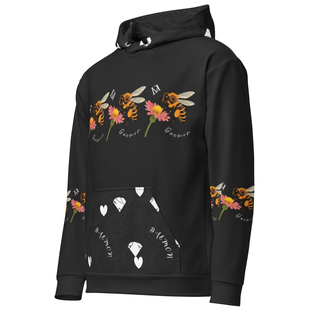 Daemon Luxury Florette Rebirth Honeybee Nights unisex recycled hoodie with all-over print, white fabric and hood detail.