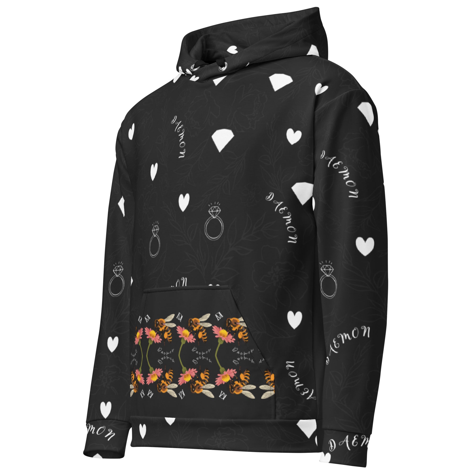 Daemon Luxury Florette Rebirth honeybee print unisex hoodie with all-over recycled fabric, white color, front view.