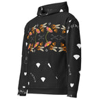 Rebirth honeybee print unisex hoodie by Daemon Luxury, white recycled fabric with all-over bee-themed design, front view.