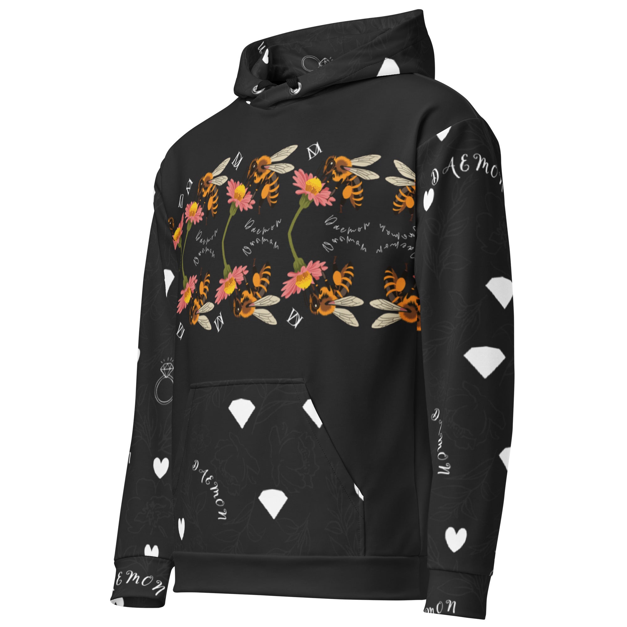 Rebirth honeybee print unisex hoodie by Daemon Luxury, white recycled fabric with all-over bee-themed design, front view.