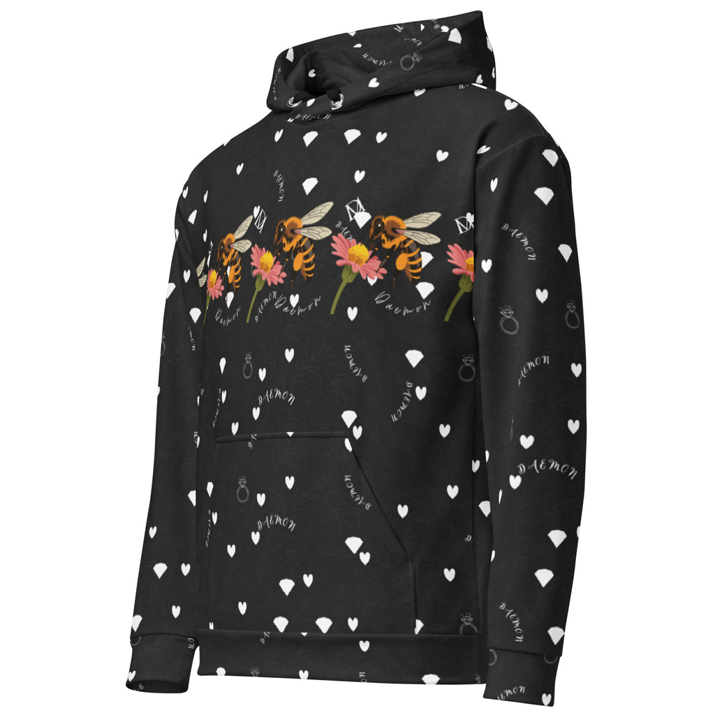 Daemon Luxury Florette Rebirth Honeybee Bliss unisex hoodie with all-over white recycled print, front view showing hood and design details.