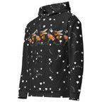 Daemon Luxury Florette Rebirth Honeybee Bliss unisex hoodie with all-over white recycled print, front view showing hood and design details.
