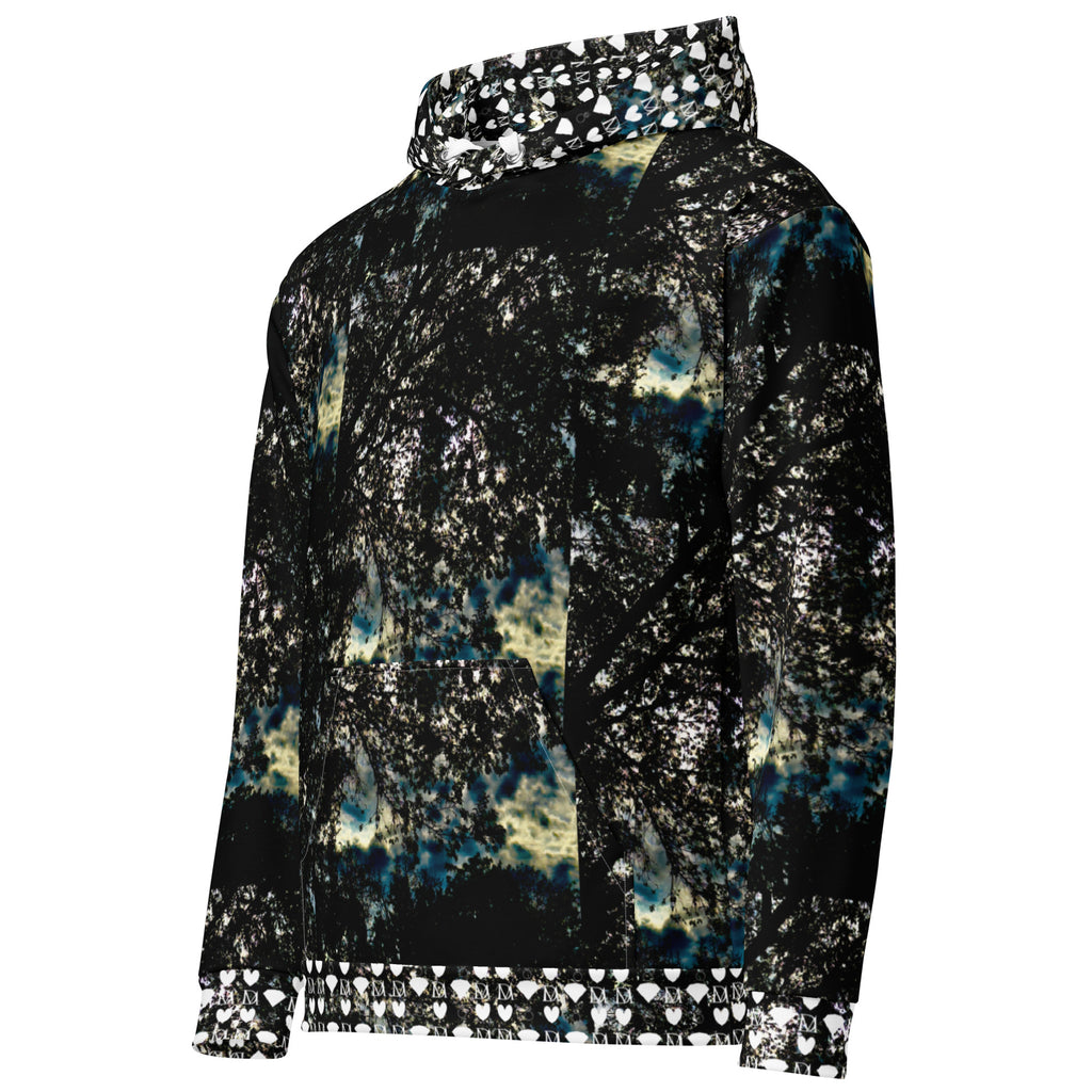 Unisex white hoodie with stitched frames Panther Canyon print, featuring a front pocket and adjustable hood by Daemon Luxury.