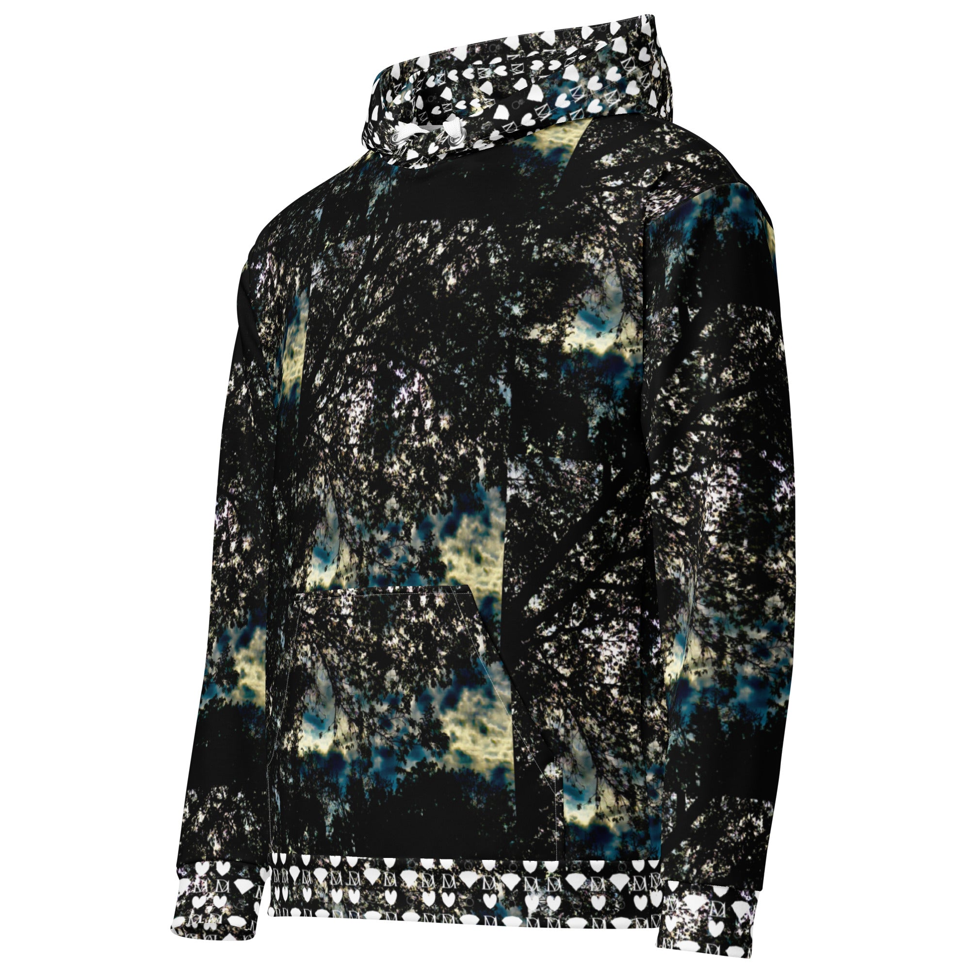 Unisex white hoodie with stitched frames Panther Canyon print, featuring a front pocket and adjustable hood by Daemon Luxury.
