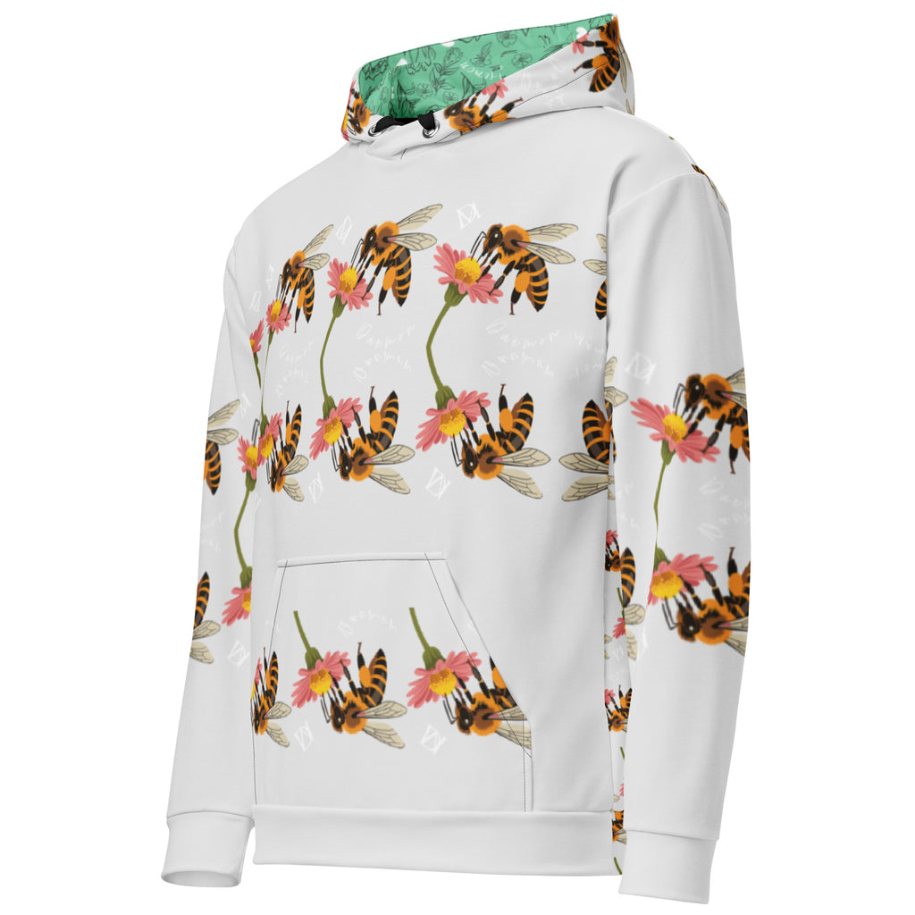 Daemon Luxury Honeybee Shores Valley Coast unisex hoodie with all-over print on white fabric, front view showing detailed design.
